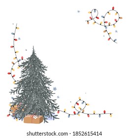 Christmas corner composition with place for text. Fresh undecorated Xmas tree, gift box, and bright lights on white background. Holiday greeting card, cartoon vector illustration.