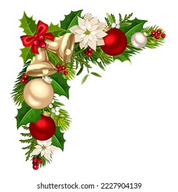 Christmas corner decoration with Christmas bells, balls, green fir branches, poinsettia flowers, holly, and mistletoe. Vector illustration