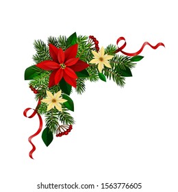 Christmas Corner Decoration With Christmas Holly Garland, Red. Vector.