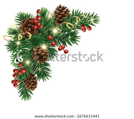 Christmas corner decoration with pine cones, fir branches, holly berries, glowing lights, ribbons. Great for festive banners, greeting cards, party designs. Transparent background in vector file.