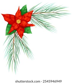 Christmas corner frame with fir tree branch and poinsettia flower. Vector illustration