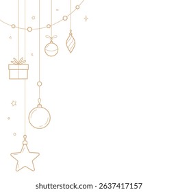 Christmas corner frame with Christmas tree toys.  Corner frame template. Christmas decorations on white background. 
