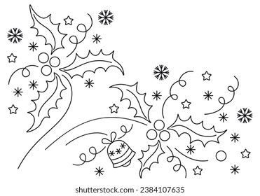 Christmas corner with ilex leaves and berries, bells, stars and snoflakes isolated on white background for card, embroidery, interior design, ets.  Hand drawn illustration. Not AI created. Vector set.