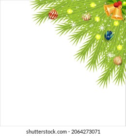 Christmas corner with red berries and jingle bells. Xmas Corner with snowflakes and decoration ball. Christmas corner, Xmas decoration ball, red ball, snowflakes, blue ball, starlights, red berry.