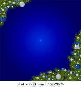 Christmas corner with spruce, beads and balls in blue. Vector illustration.