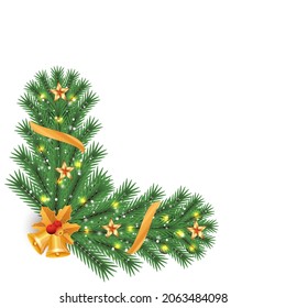 Christmas corner with star lights and jingle bells. Xmas corner with red berries and golden leaves. Christmas corner, Christmas element, golden ribbon, holly berries, star lights, golden leaves.