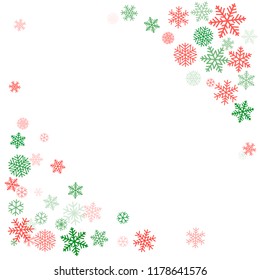 Christmas corners background with snowflakes and place for text. Winter red and green snow minimal decoration on white, greeting card. New Year Holidays backdrop. Vector illustration EPS 10