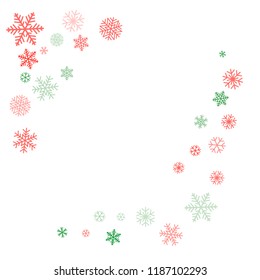 Christmas corners background with snowflakes and place for text. Winter red and green snow minimal decoration on white, greeting card. New Year Holidays backdrop. Vector illustration EPS 10