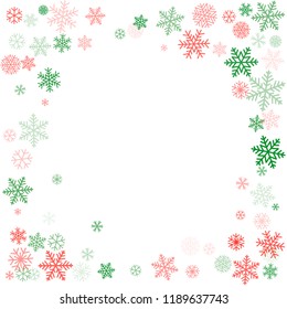 Christmas corners background with snowflakes and place for text. Winter red and green snow minimal decoration on white, greeting card. New Year Holidays backdrop. Vector illustration EPS 10