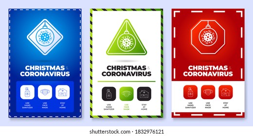 Coronavirus navideño todo en una imagen de un icono conjunto de ilustraciones vectoriales. Volante de protección Coronavirus con conjunto de iconos de contorno y señales de advertencia de carreteras. Quédate en casa, usa máscara facial, usa el sanitizador manual