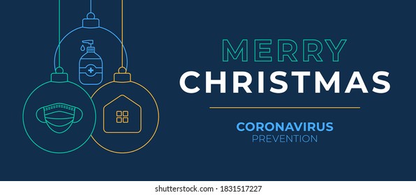 Christmas coronavirus ball banner. Christmas events and holidays during a pandemic Vector illustration. Covid-19 prevention safe christmas concept