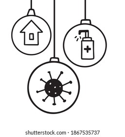 Christmas coronavirus ball. Christmas events and holidays during a pandemic Vector hand drawn outline illustration