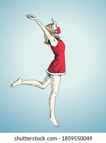 Christmas coronavirus pandemic people celebration, Jumping girl in medical face mask and small red dress on blue background, Vector sketch, Hand drawn illustration. Happiness body expression