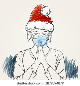Christmas and Coronavirus people new normal. Sketch of woman in medical face mask, santa hat praying hands folded in worship, eyes closed, Hand drawn vector