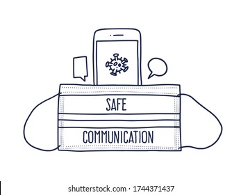 Christmas Coronavirus prevention in doodle style. Vector hand drawn illustration of face mask and phone to keep distance and communicate by phone.