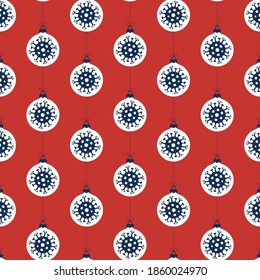 El coronavirus de Navidad es un patrón sin fisuras con bolas azules y blancas sobre fondo rojo. Covidar modelo de año nuevo simple Ilustración vectorial