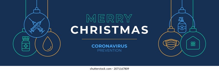 Christmas coronavirus vaccination and prevention ball banner. Christmas events and holidays during a pandemic Vector illustration. Covid-19 prevention safe christmas concept