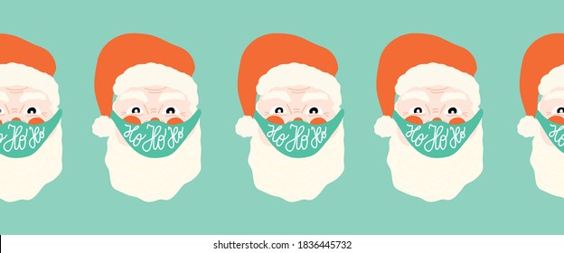 Christmas Coronavirus vector border seamless. Santa Claus wearing a protective face mask against Covid. Merry Christmas 2020 during pandemia. Holiday decor. Xmas celebration. New Year 2021