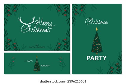 Christmas corporate holiday cards. Creative artistic templates with deer and Christmas tree. Decorative floral ornaments. Merry Christmas and happy holidays. Christmas party.