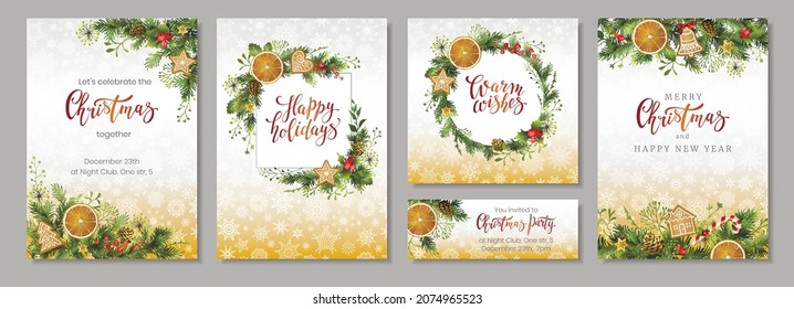 Christmas Corporate holiday cards, flyers or invitations. Christmas decoration for winter holidays with christmas decor. Vector illustration.