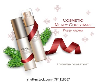 Christmas cosmetic packaging gifts realistic Vector. Holiday banner, festive templates