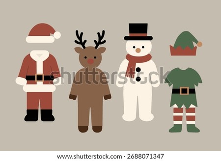 Christmas Costume Characters Collection Featuring Santa Claus Reindeer Snowman and Elf