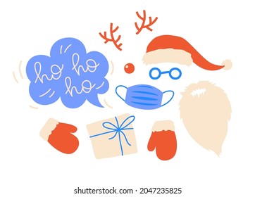 Christmas costume. Santa’s hat, deer’s horns, nose, gloves, gift and speech bubble with ho-hoh-ho lettering. Vector illustration.