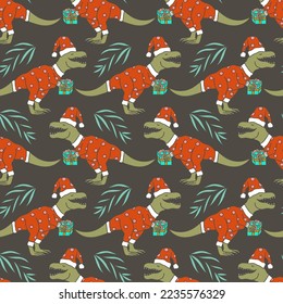 Christmas Costume Wearing T-Rex Dinosaur with Present in Hand Vector Seamless Pattern