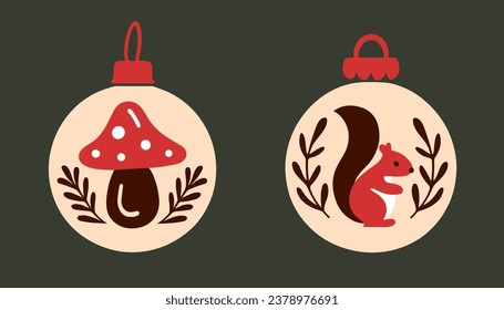 Christmas cottage decorations. Cute mushroom and squirrel inside Christmas Ball. Cottagecore tree baubles set decor minimalist printable vector. 