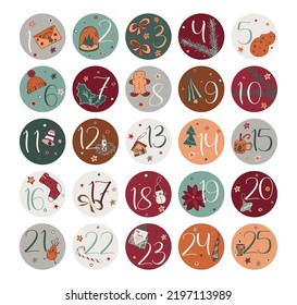 Christmas count down sticker set with numbers from 1 to 25. Advent calendar idea to print and cut. Winter gift tag labels.