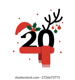 Navidades cuenta regresiva 20, cornamenta topper, gorra de Santa, bufanda acogedora, acento de acebo, decoración de temporada, feliz Vector de vacaciones de invierno