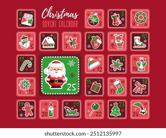 Christmas Countdown Advent Calendar with cute Santa Claus and Christmas decorative icons. Vector illustration without transparency.