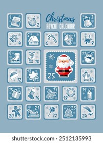 Christmas Countdown Advent Calendar with Christmas decorative icons and cute Santa Claus. Vector illustration without transparency.