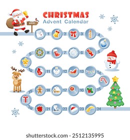 Christmas Countdown Advent Calendar with Christmas decorative icons and Cute Christmas cartoon characters. Vector illustration.