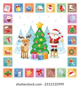 Christmas Countdown Advent Calendar with Christmas decorative icons, funny Santa Claus and a Deer. Vector illustration. Flat design without transparency.