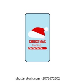 Christmas countdown bar on phone screen. Christmas loading text message with santa claus hat and candy bar waiting progress fill on mobile phone display. Flat design cartoon xmas vector illustration.