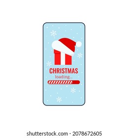 Christmas countdown bar on phone screen. Christmas loading text message red gift with santa claus hat and candy bar progress on mobile phone display. Flat design cartoon xmas vector illustration.