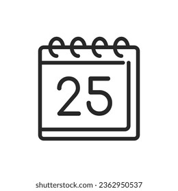 Icono de calendario de cuenta regresiva de Navidad. Signo de fecha aislada editable de contorno de vector con marcado el 25 de diciembre, que simboliza la celebración festiva y recordatorio de Yuletide.