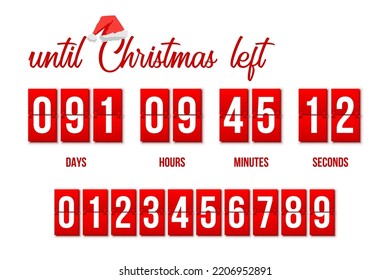 Christmas countdown calendar template vector illustration. Red Santa hat and days until Christmas left text, flip numbers change from 0 to 9, count date to advent time of holidays on flipboard