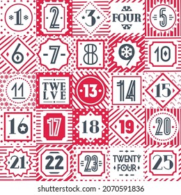 Christmas countdown printable tags collection red color cute style different background consisting of christmas tree, snowflake, star, candy, checkered background, circle. Vector 10 eps