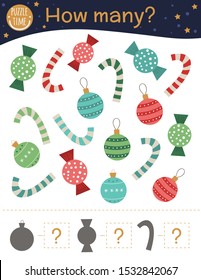 Christmas counting game with balls, candy canes, sweets. Winter math activity for preschool children. How many objects worksheet. Educational riddle with cute funny pictures