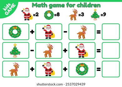 Christmas counting game for children. Math puzzle for preschool and school education kids. Cartoon Santa Claus, reindeer, Xmas tree, holiday spruce wreath. Educational baby activities book. Vector.