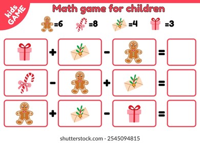 Christmas counting game for children. Math puzzle for preschool and school education kids. Cartoon gingerbread man, Xmas gift, holiday candy cane, letter to Santa. Educational activities page. Vector.