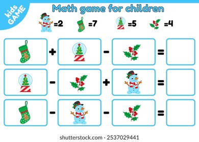 Christmas counting game for children. Mathematical puzzle for preschool and school education kids. Cartoon snowman, Xmas stocking, holiday snow globe, mistletoe. Educational activities page. Vector.