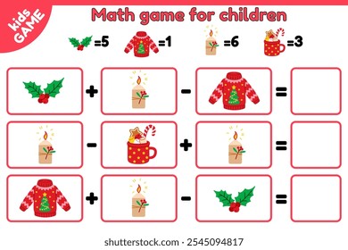 Christmas counting game for children. Mathematical puzzle for preschool and school education kids. Cartoon mistletoe, Xmas ugly sweater, holiday mug, candle. Educational baby activities page. Vector.