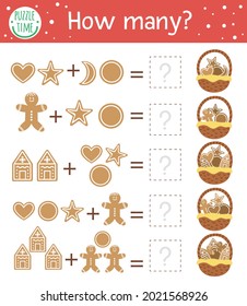 Christmas counting game with gingerbread cookies. Winter activity for preschool children. Educational New Year printable math worksheet with traditional food elements for kids
