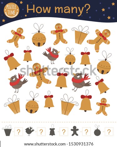 Christmas counting game with gingerbread man, bell, present, bird. Winter math activity for preschool children. How many objects worksheet. Educational riddle with cute funny pictures