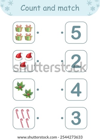 Christmas counting and matching game for preschool kids. Fun educational activity with festive elements for early learning and holiday play.