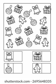 Weihnachtszählblatt für die Vorschule. Zählen Sie Geschenke, Lebkuchen und Ornamente. Ideal für Frühmathematik und Urlaubsspaß.
