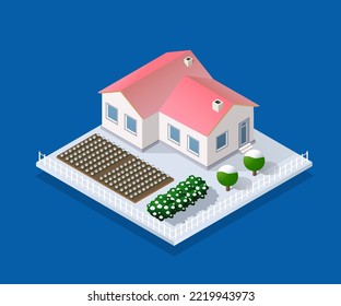 Christmas country to the villa cottage snow-covered snowflakes New Year Eve. 3D Isometric Illustration